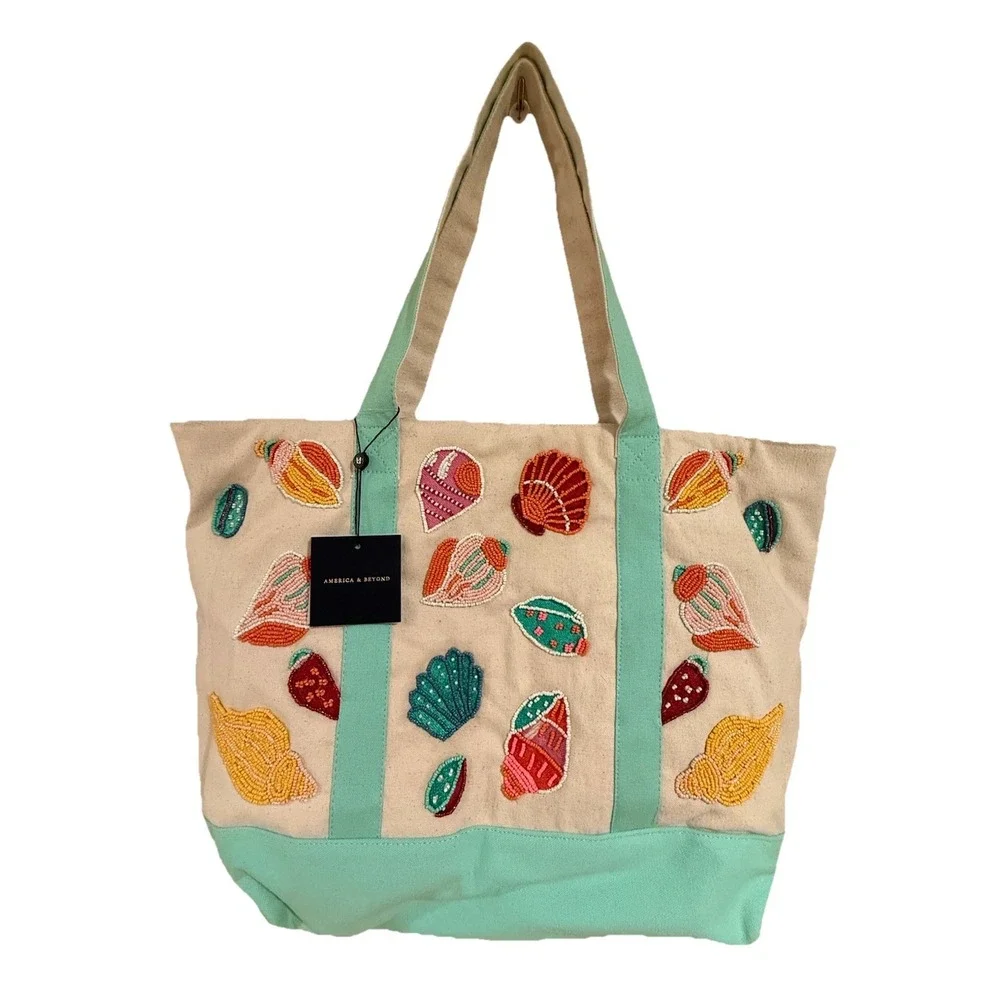America & Beyond Underwater Tales Fish Turtle Lobster‎ Beaded Tote Boat Bag NWT